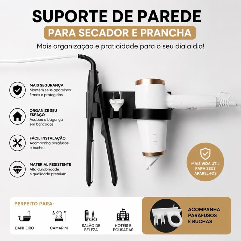 Suporte Organizador Secador Chapinha Escova Parede Porta Secador