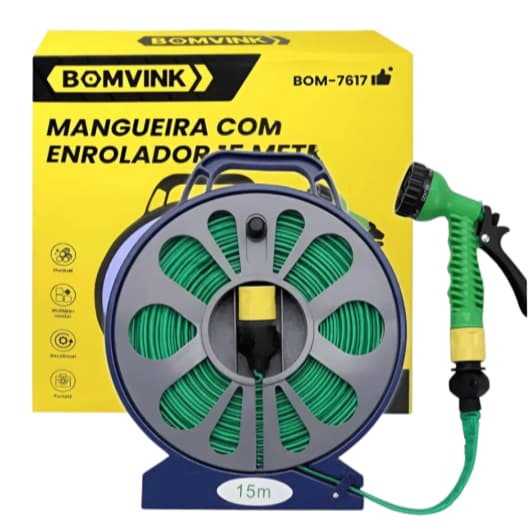 Mangueira Com Enrolador 15 Metros E Esguicho Regulável