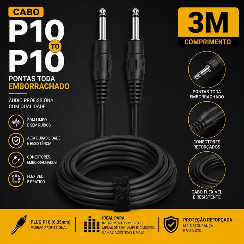Kit Cabo P10 3M Para Guitarra Violão Contra Baixo Teclado Amplificador
