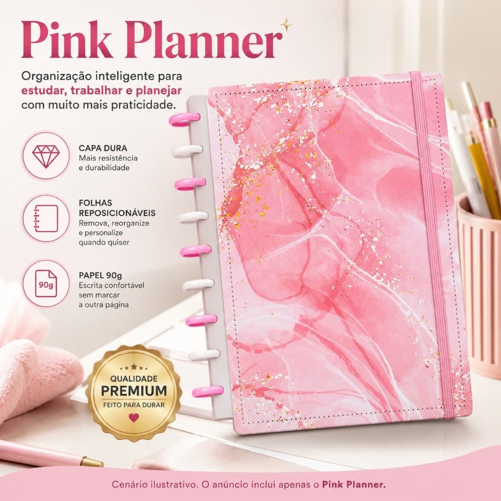 Pink Planner Caderno de Disco Reposicionável Grande A4 Capa Dura 80 Folhas Rosa 90g