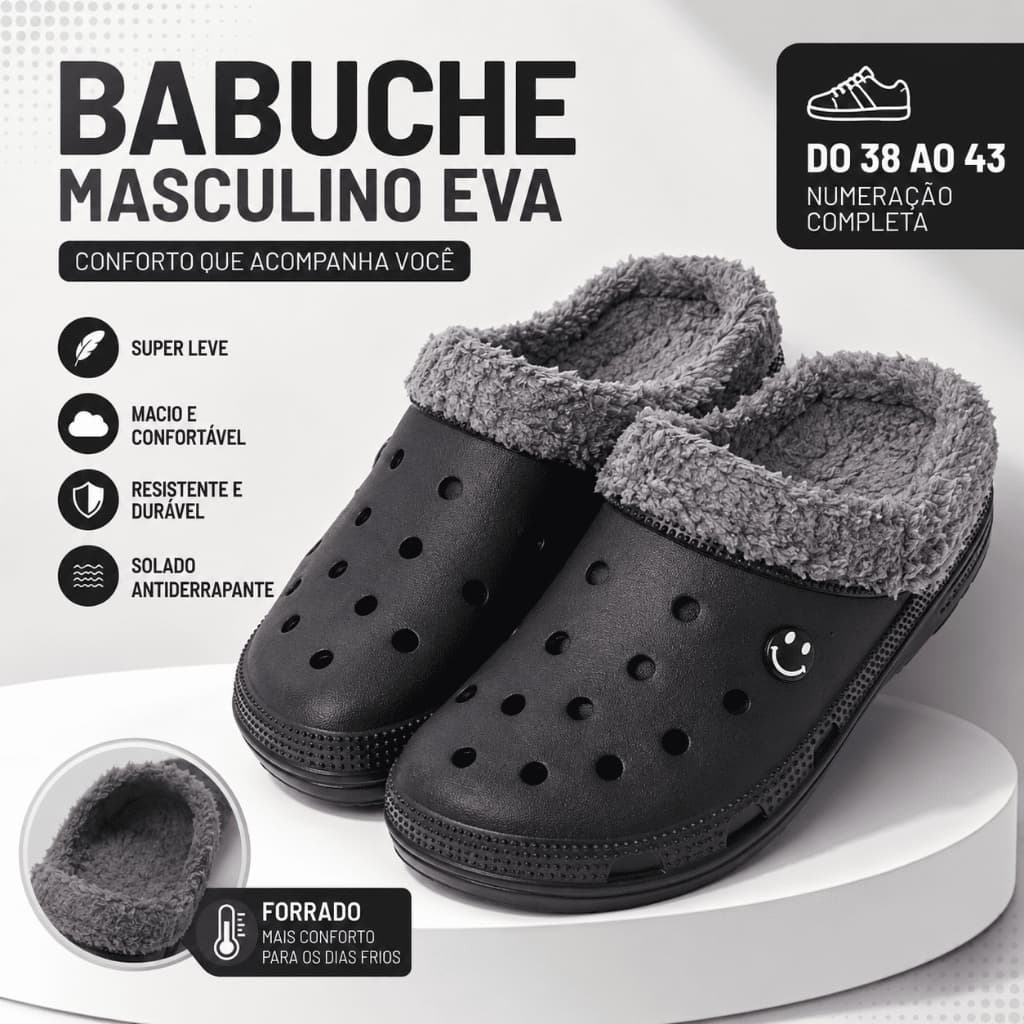 Babuche Pantufa Pelinho Yvate Preta Forro Removível Unissex Inverno Confortável