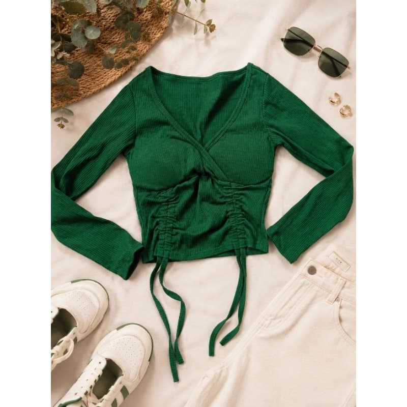 Cropped Feminino Verde Escuro Manga Longa Canelado com Bojo e Ajuste Frontal