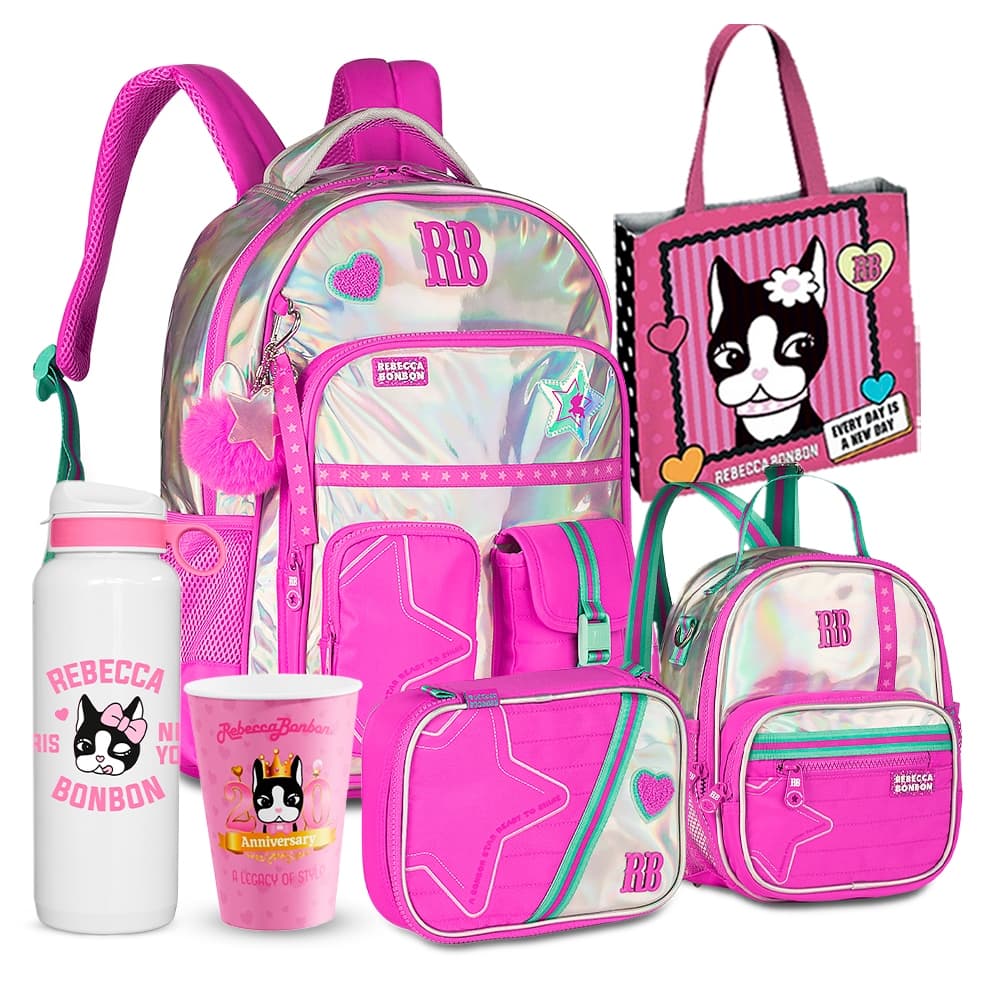 Kit Mochila Rebecca Bonbon Universitário Estojo Box Com Elástico Lancheira Térmica Com Alça RB