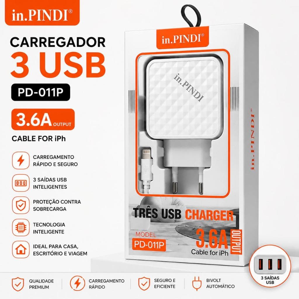Carregador Turbo 3 USB 3.6A + Cabo Lightning para iPhone Branco