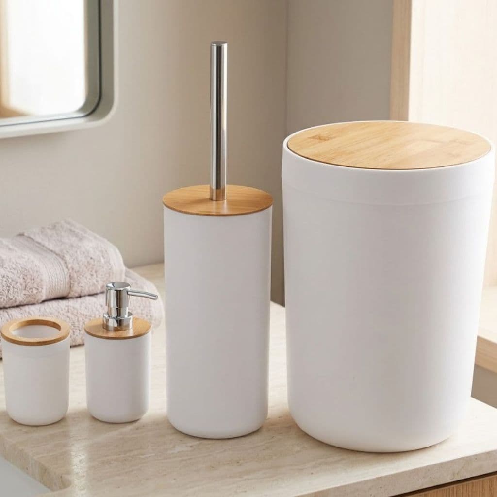Kit Banheiro Lavabo Bambu Luxo Lixeira Escova Sanitária Porta Sabonete Líquido Dispenser Conjunto Completo Preto Branco