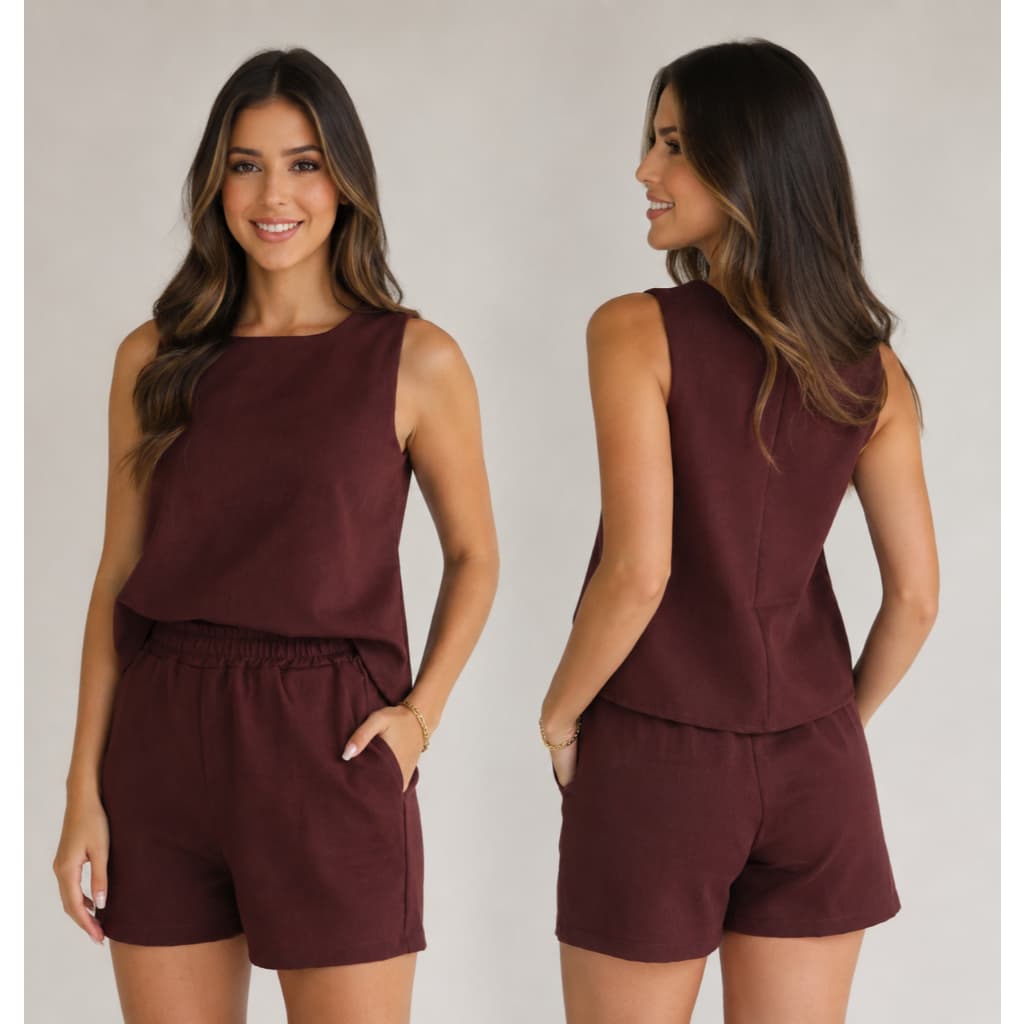 Conjunto Feminino Blusa e Short com Bolso Linho Premium Elegante