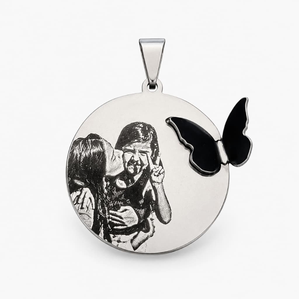 Pingente Aço Redondo com Borboleta 25x25 Personalizado Foto Frase Nome Gravação a Laser Presente