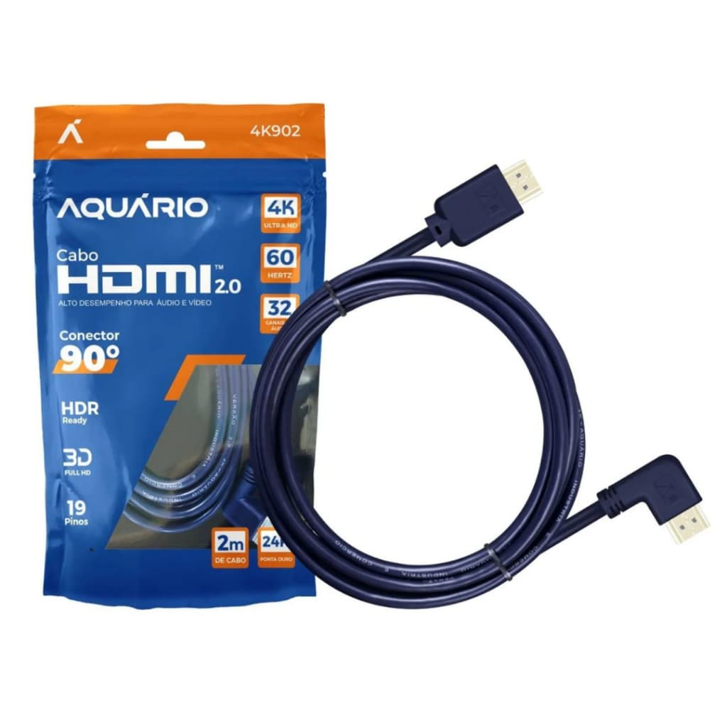 Cabo Hdmi Blindado 2.0 4k HDR 2m 90° Ponta Gold 60hz 4K902 Aquário