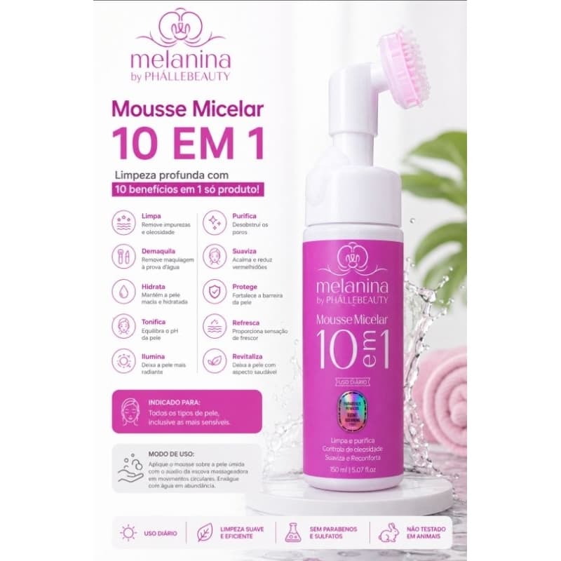 Mousse Micelar Facial 10 em 1 com Escova Massageadora 150ml – Limpeza Profunda e Controle da Oleosidade.