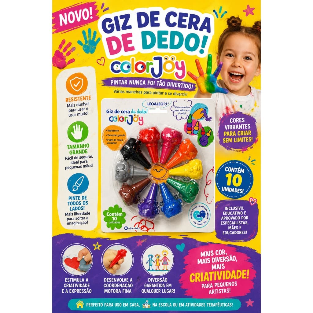 Giz de Cera Encaixa no Dedo color joy - blister c/ 10 cores Leo&Leo Leonora - 10225
