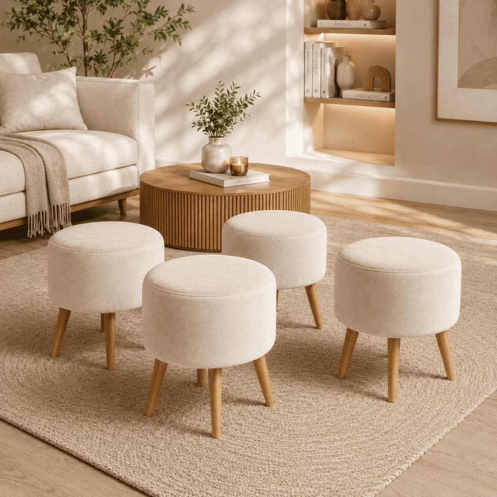 Kit 4 Puffs Decorativos Redondos Veludo Pés Palito Madeira Puff Banqueta Sala Estar Quarto Decoração
