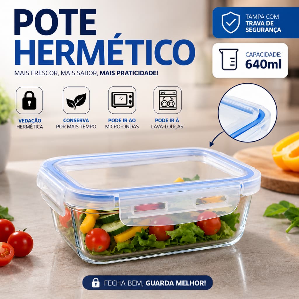 Pote Hermético Retangular com Tampa Vidro 640ml Tampa Com Trava