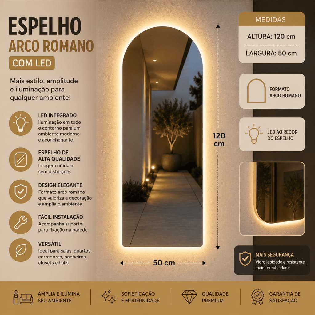 Espelho corpo inteiro Oval Madri Led 120cm x 50cm - BRANCO QUENTE