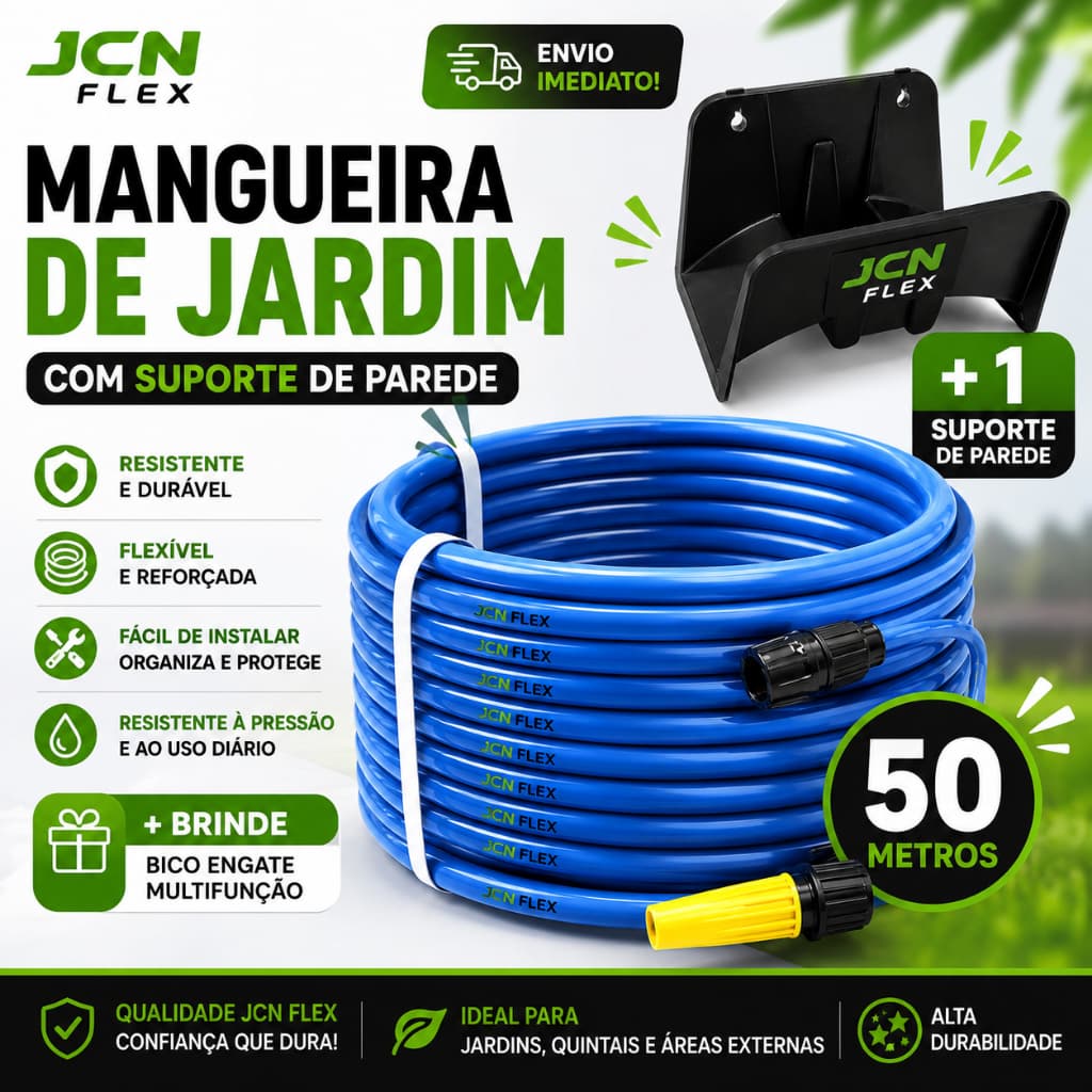 Mangueira Jardim Reforçada Lisa Flexivel de  50 Metros + Suporte Enrolador de Mangueira de Parede Preto Brinde