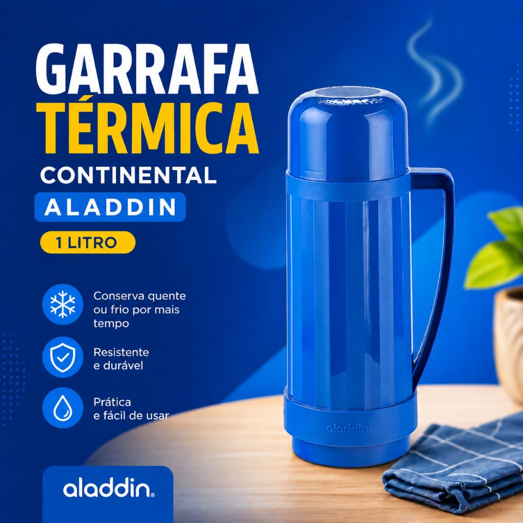 Garrafa Térmica 1 Litro  Continental Aladdin Café Chá Preta Bege Verde Azul