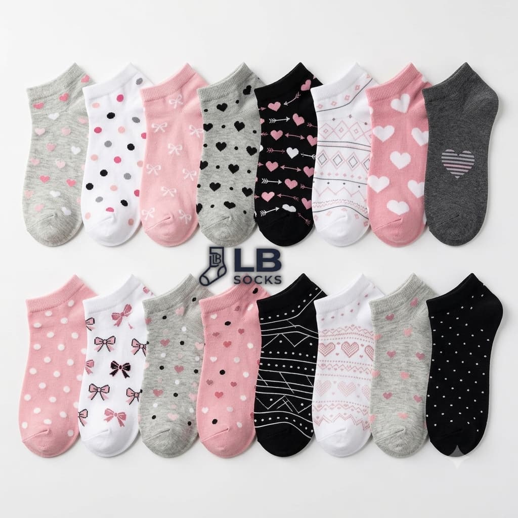 Meias Kit 24 Pares Soquete Cano Curto Adulto Feminina Estampada Cores Sortidas Desenhos sortidas