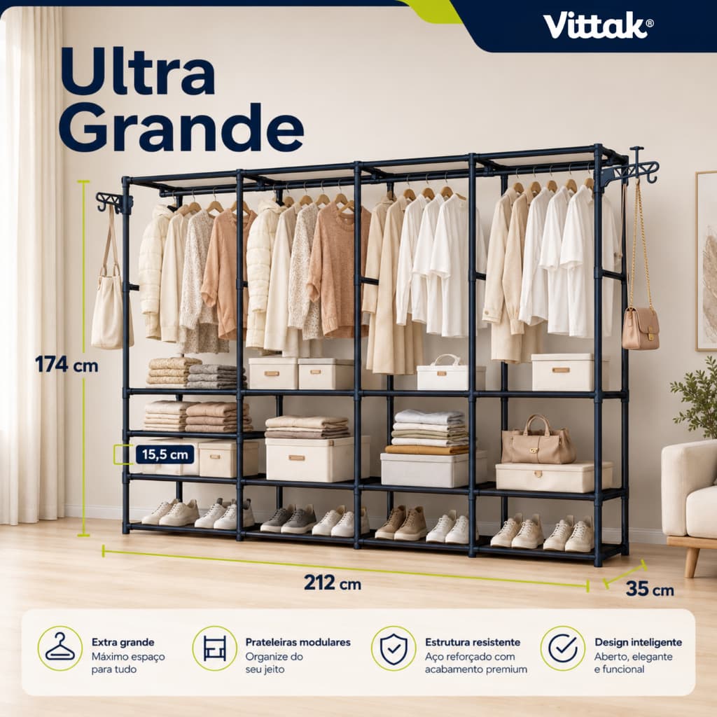 Vittak Guarda Roupa Portátil 4 Divisórias com Cabideiro Arara Sapateira Organizador Multiuso