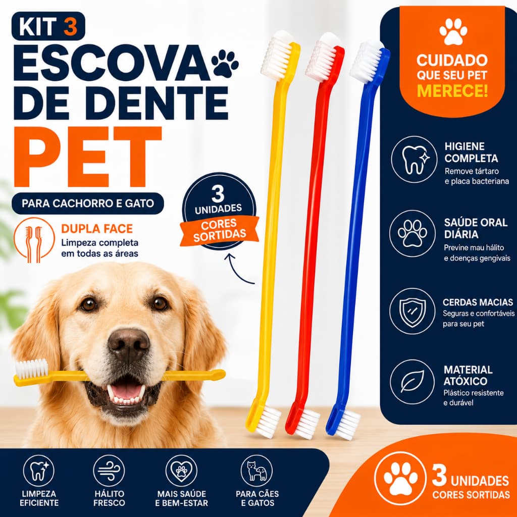 KIT 3 ESCOVA DE DENTE PET PARA CACHORRO E GATO DUPLA CORES SORTIDAS