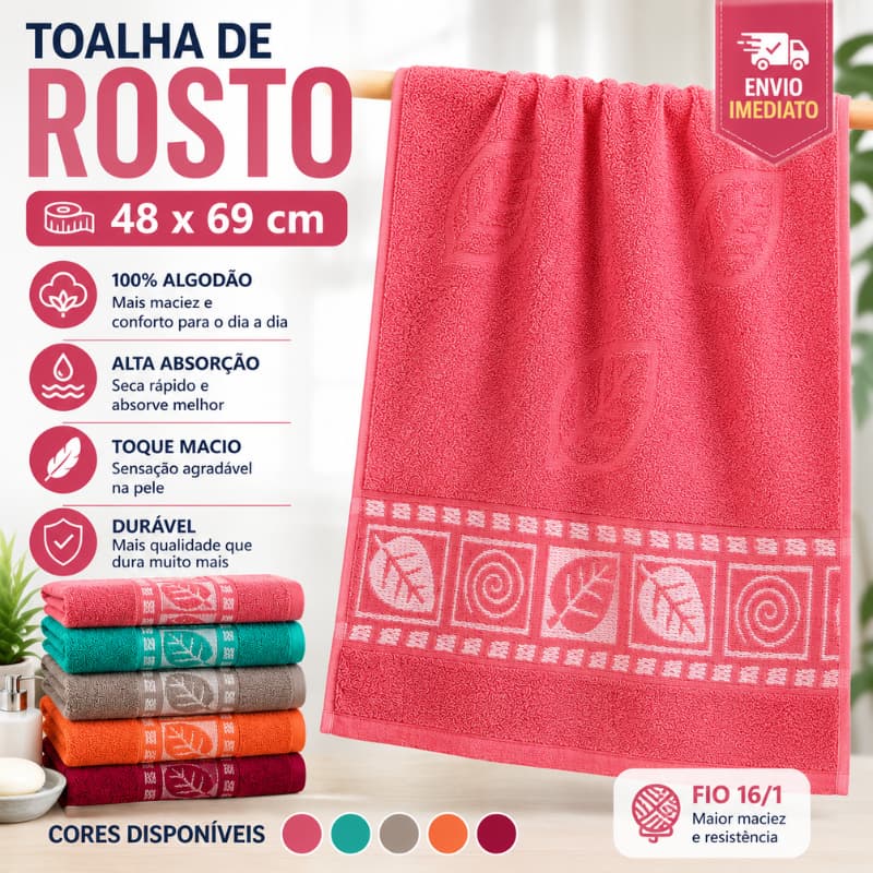 Toalha de Rosto 48x69 Fio 16/1 Macia Alta Absorção 100% Algodão Unidade Kit 3 |1463| Promoção