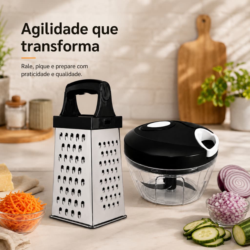Kit Cozinha Processador de alimentos Manual 500ml + Ralador Inox 4 Faces Multifuncional