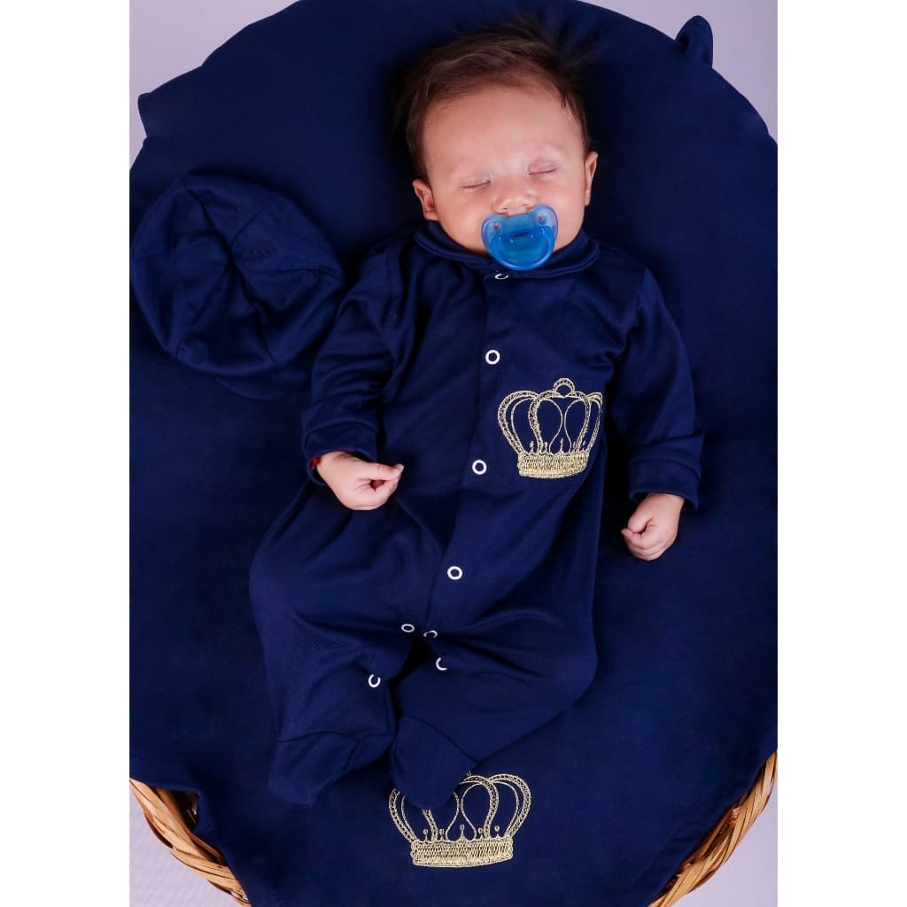 Saída Maternidade Menino Coroa Príncipe 4 Peças Roupa de Bebê