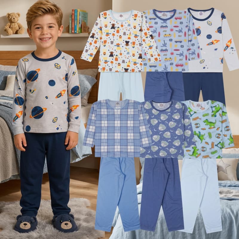Pijama Infantil Menino Inverno Conjunto Manga Longa Roupa De Dormir Quentinho 2 A 8 Anos
