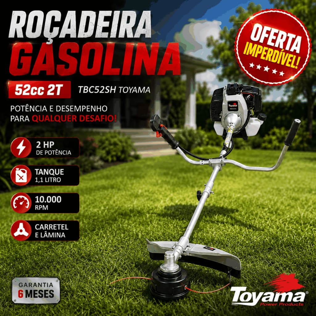 Roçadeira Gasolina 52cc 2 Tempos Toyama TBC52SH Guidão Bicicleta 2HP Com Lâmina e Carretel