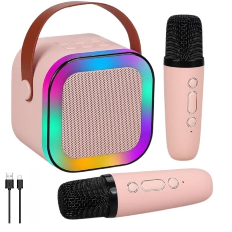 Caixinha Som Karaokê 2 Microfones Bluetooth Infantil Rosa ou Bege 127/220v