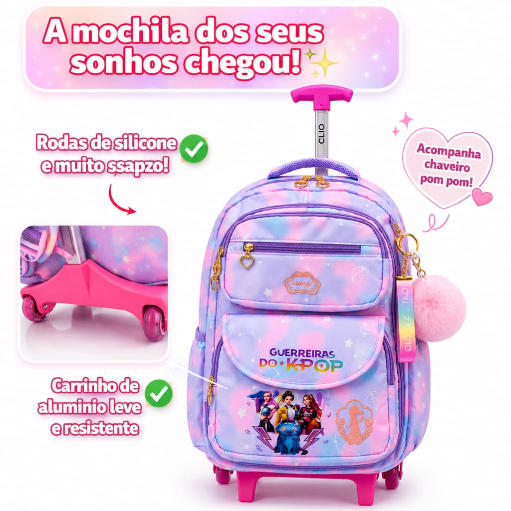 Mochila Infantil de Carrinho KPOP Impermeável Premium + Estojo | Rodinhas Silicone | Escolar Menina