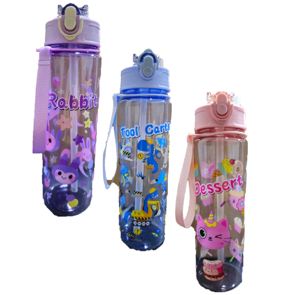 Garrafinha Infantil Personagens 750Ml Trava Alça Canudo Transparente Fofa Decorada