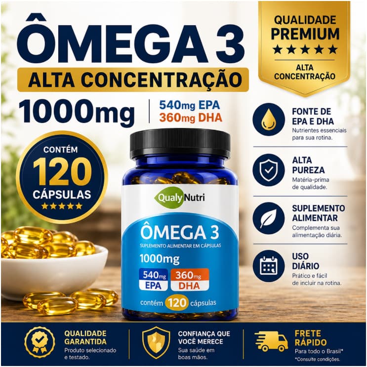 Ômega 3 1000mg 120 Cápsulas Tripla Fonte EPA 540mg DHA 360mg Óleo de Peixe de Alta Concentração