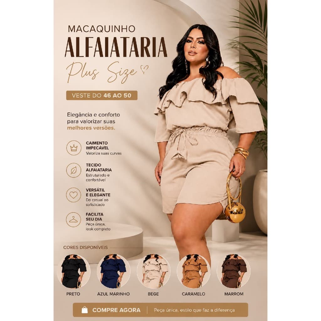 Macaquinho Feminino Plus Size Ciganinha Alfaiataria Tamanho único Veste 46 ao 50