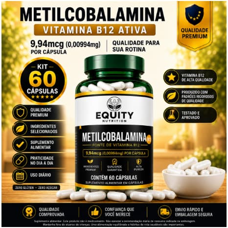 Metilcobalamina B12 9,94ui 60 Cápsulas Alta Absorção Concentração Premium Equity Nutrition