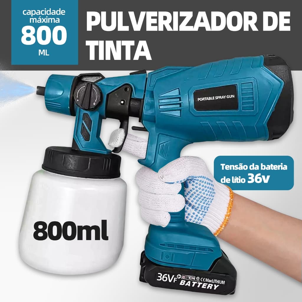 Pistola De Pintura Elétrica Portátil Sem Fio 21V/36V Com 2 Baterias e Uma Lata De Tinta De 800ml.