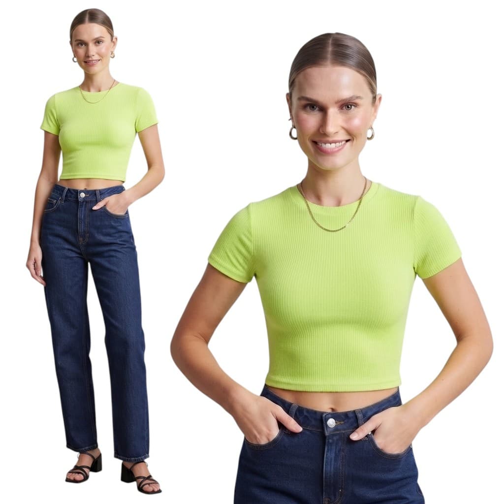 Cropped Feminino Canelado Manga Curta Básico Justo Moda Blogueira Casual Tendência Neon Verde