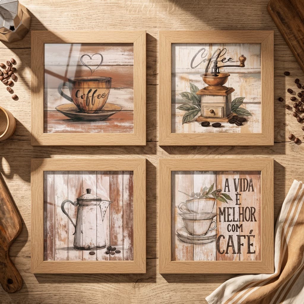 Kit 4 Quadros Decorativos Café Cozinha 18x18cm Com Vidro Moldura Madeira Vintage Cantinho Bistrô