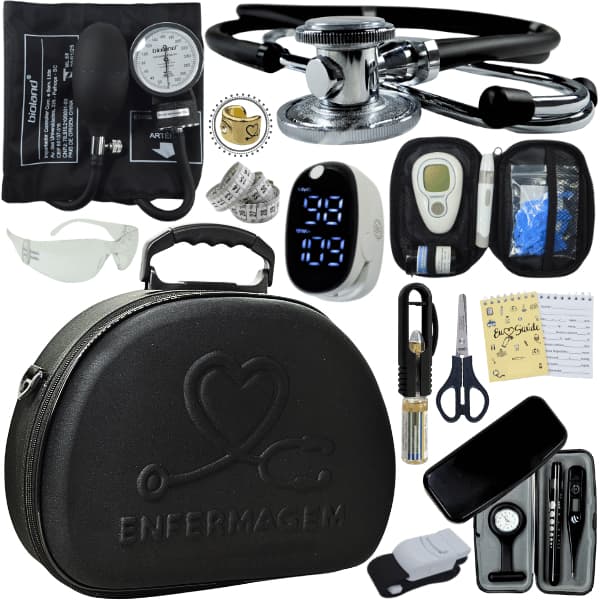 Kit Enfermagem Esfigmomanômetro Aneroide Estetoscópio Duplo Maleta Completo Técnico Com