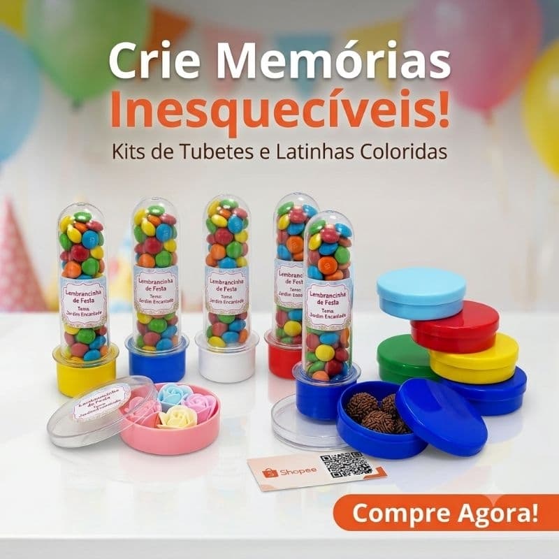 Kit Festa 20 itens - 10 Latinhas 5x1/ 10 Tubetes 08cm c/ tampa Lembrancinhas