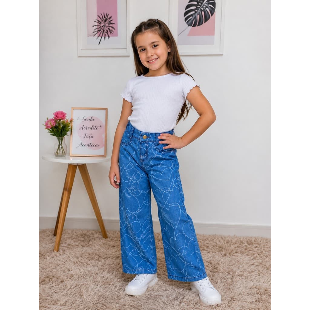 Calça Wide Leg Jeans trabalhada Infantil Menina Moderna blogueirinha diva