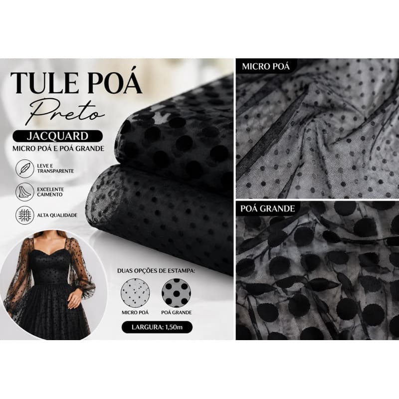 Tule Poá Preto Jacquard | Micro Poá e Poá Grande | Tecido bolinha para Moda Festa, Fantasias e Artesanato | 1,50m