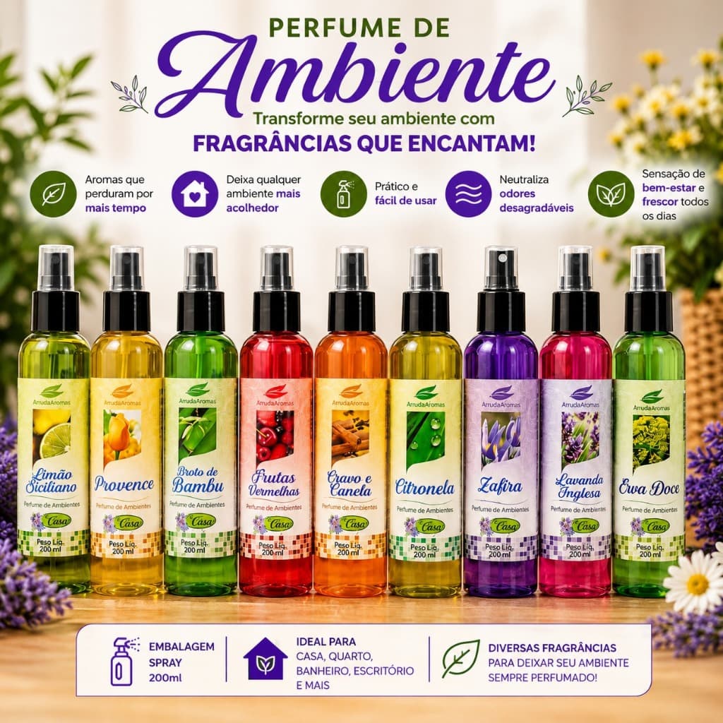 Perfume de Ambiente Spray 200ml Aromatizador Kit Completo Casa Quarto Banheiro Fragrâncias Sortidas