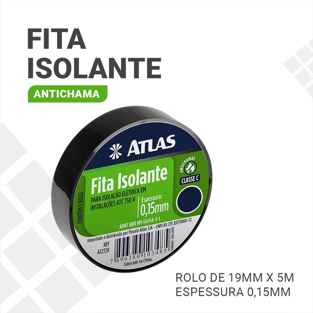 Fita Isolante Antichamas 18mmx5m Fita Preta Isolante Profissional Atlas