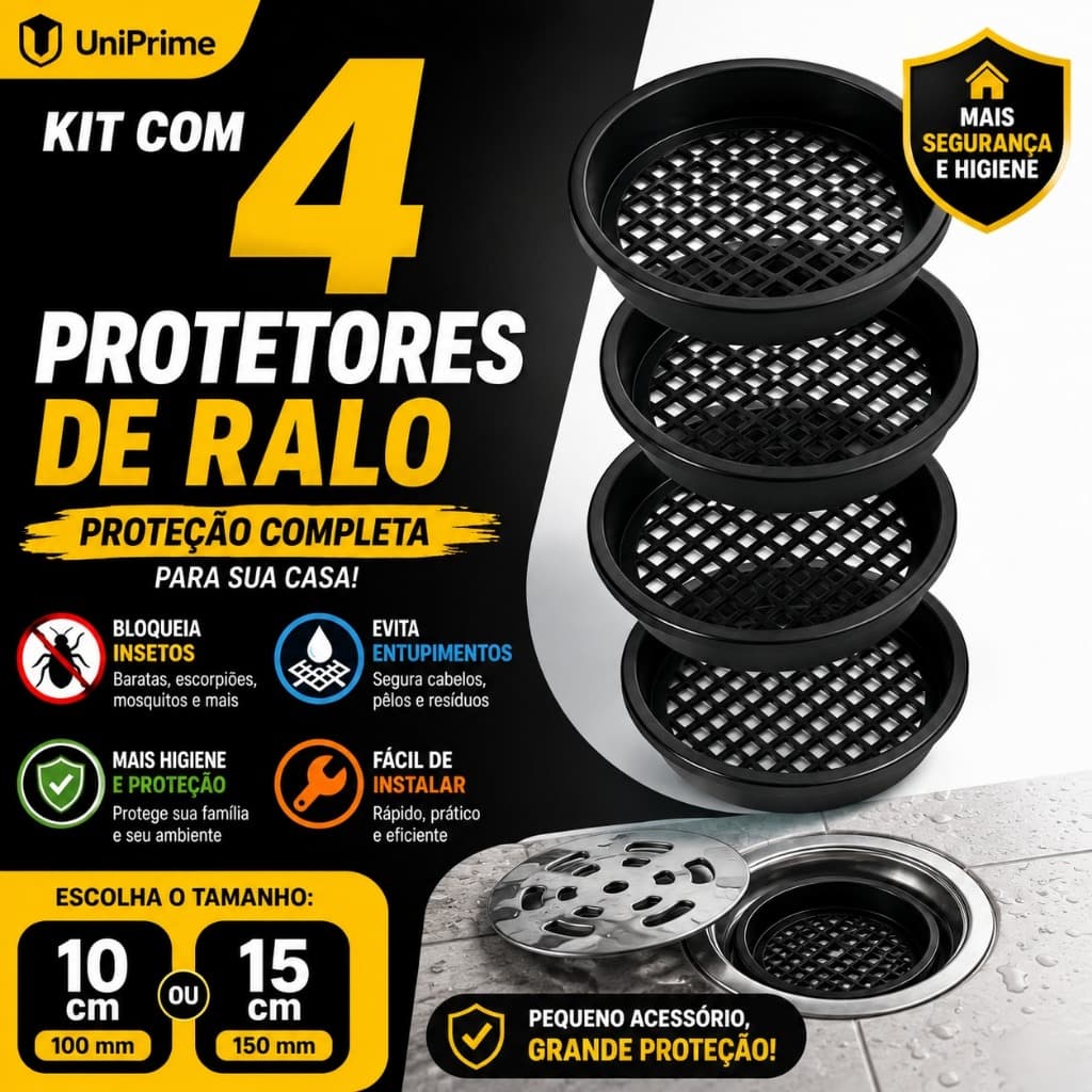 KIT 04 Tela Protetora De Ralos Contra Insetos Baratas Escorpiões 100mm ou 150mm Preta