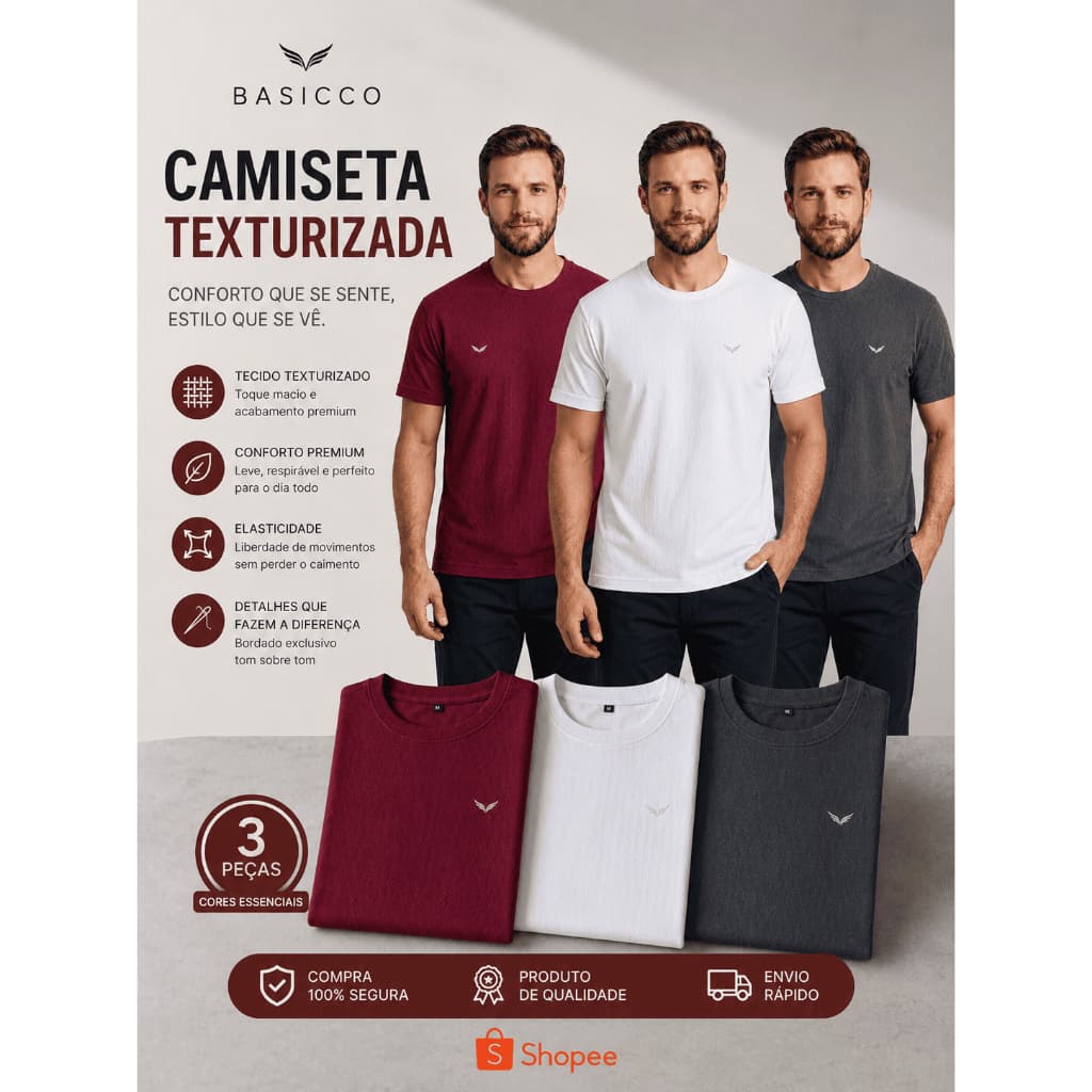 Kit 3 Camisetas Masculinas Texturizadas com Elastano Slim Fit Gola Redonda Casual Premium Caixa para Presente