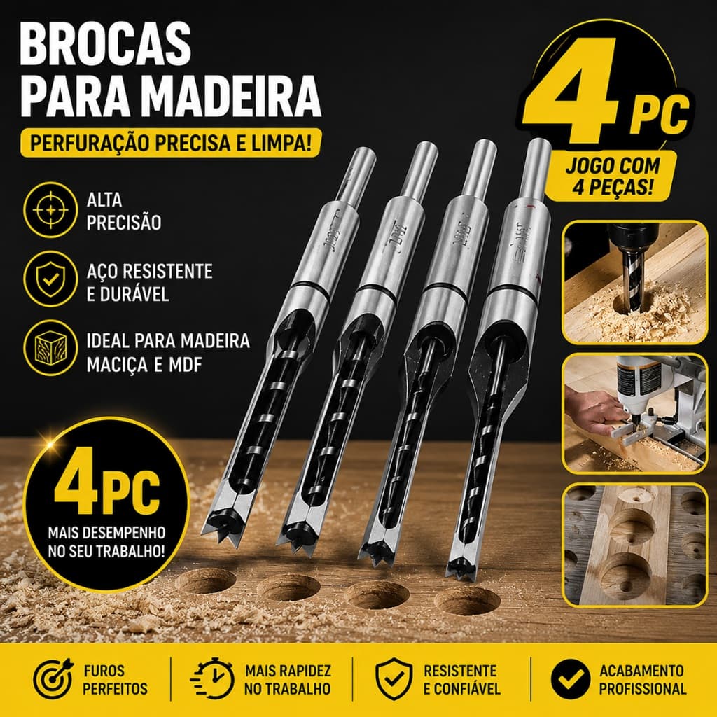 Promoção! 4 Brocas De Aço Furo Quadrado Para Furadeira De Bancada E Madeira Medidas 1/4 5/16 3/8 1/2 Alta Qualidade