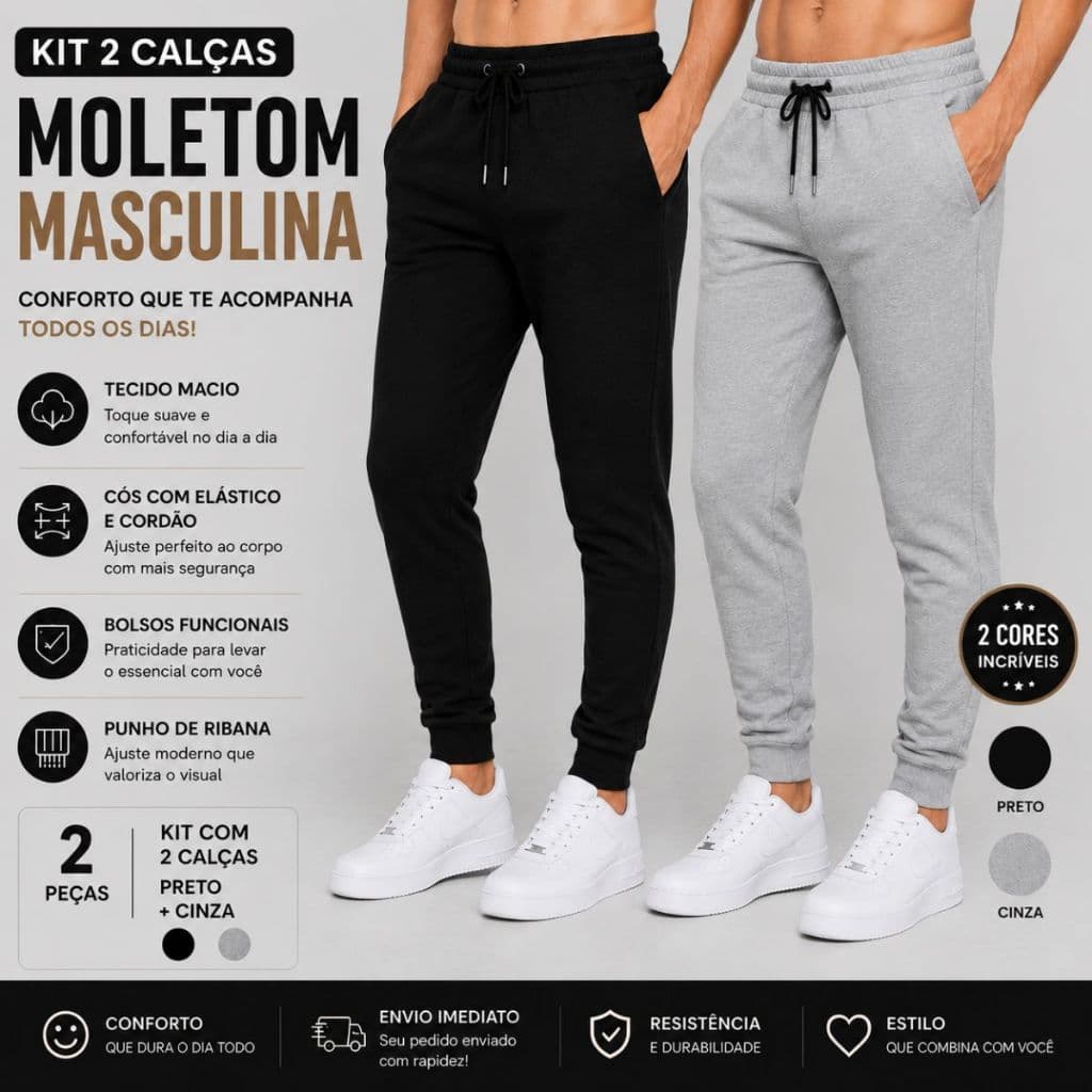 KIT 2 Calça Moletom Peluciada Masculina Inverno Quente Confortável com Bolso e Cordão Ajustável