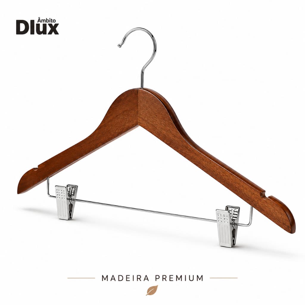 Ambito Dlux Cabides Madeira Premium Com Presilhas Para Calças E Saias Gancho Cromado Resistente