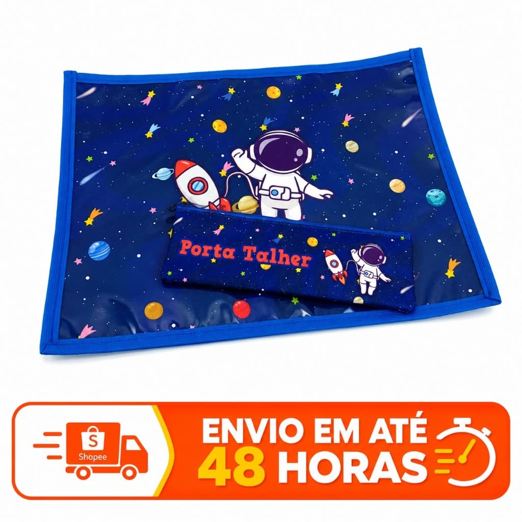 Jogo Americano Infantil e Porta talher colher garfo Impermável Astronauta Princesas Patrulha canina
