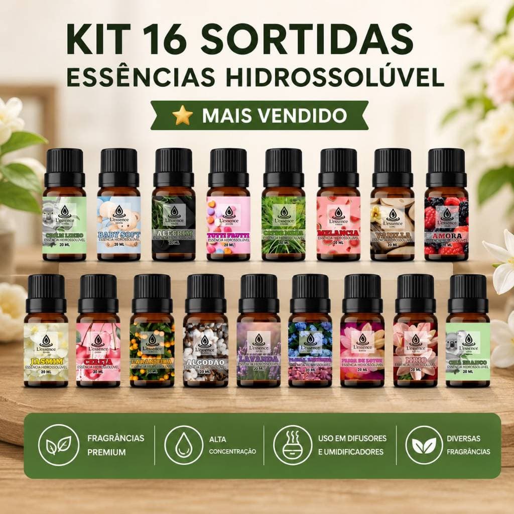 Kit 16 Essências Hidrossolúvel 20ml | Aromatizante para Umidificador | +34 Fragrancias & Combinações