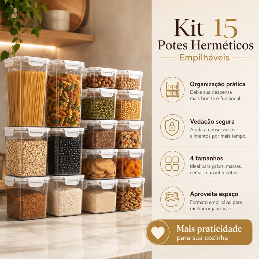 KIt 15 Potes Herméticos Herméticos Empilháveis Porta Mantimentos Cozinha